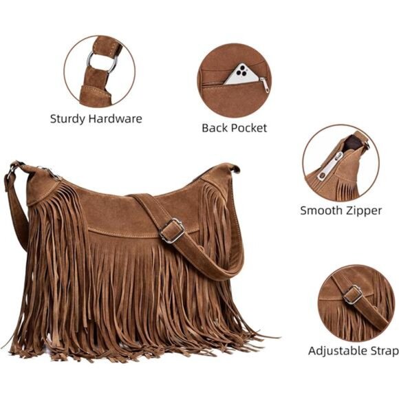 Fringe Hobo Bags for Women Vintage Suede Crossbody Bag Hippie Western Cowgirl - Picture 5 of 7